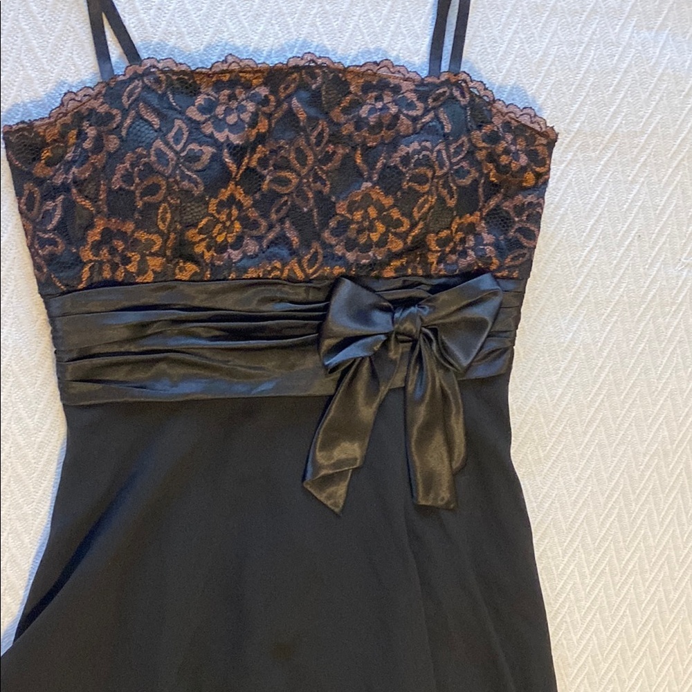 Simon Chang Floral Black Lace Chiffon Mini Dress Bow Whimsigoth Dark Romantic